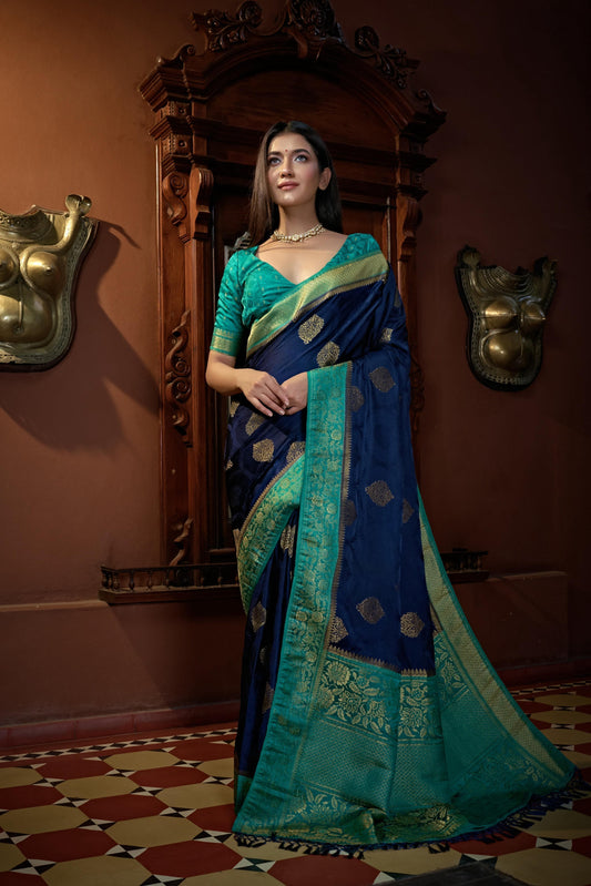 Vardha Cobalt Blue Golden Zari Banarasi Satin Silk Saree | Swadesiicart