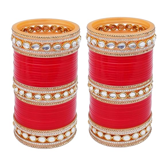 Tehzeeb Creations Bridal Bangle Set Chura Red White Kundan & Golden Stone Choora Wedding Punjabi Chuda for Women - Swadesiicart