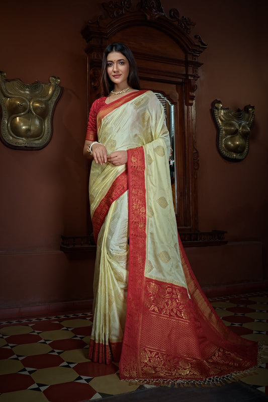 Vardha Parchment White Golden Zari Banarasi Satin Silk Saree | Swadesiicart