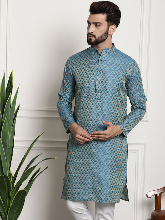 Sojanya Men Blue & Beige Ethnic Motif Printed Jacquard Silk Kurta | Swadesiicart