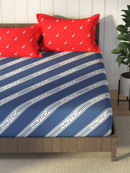 Nautica Blue & Red Striped Cotton 160 TC King Bedsheet With 2 Pillow Covers - Swadesiicart