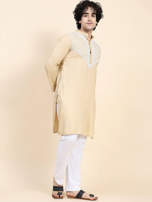 HOUSE OF KARI Ethnic Motifs Yoke Design Mandarin Collar Chikankari Pure Cotton Kurta | Swadesiicart