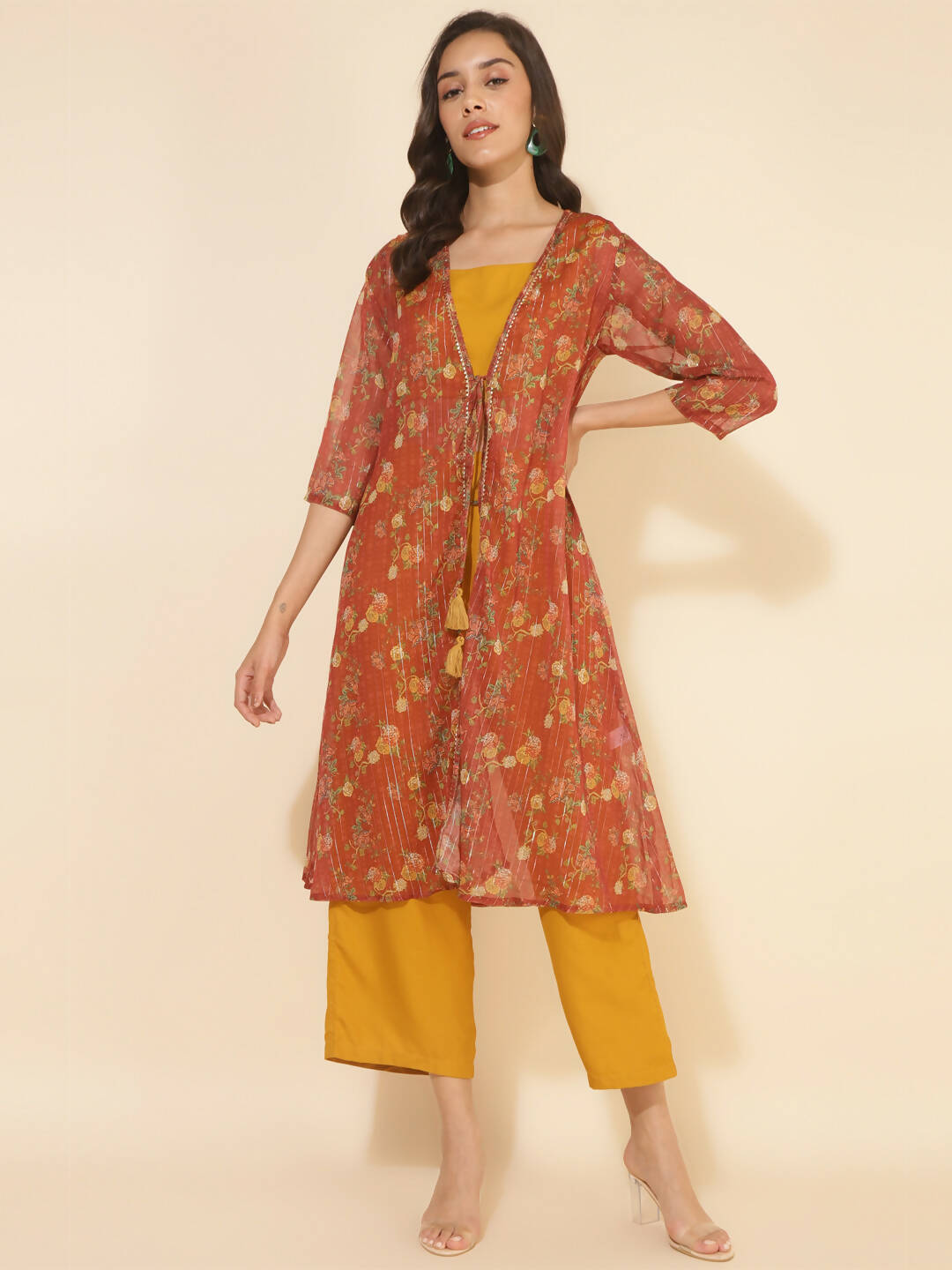 Janasya Women's Mustard Moss Solid Festive Crop Top Set | Swadesiicart