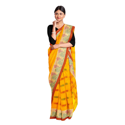 Exclusive Collection 100% Pure Cotton Yellow Tant Saree With Hand Weaving Work - Swadesiicart