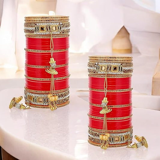 Tehzeeb Creations Bridal Bangle Set Wedding Punjabi chuda Designer chura CZ Stone Red Color choora Set for Women - Swadesiicart