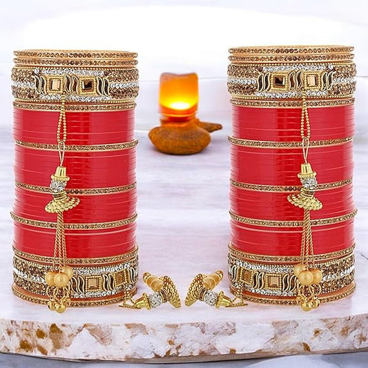 Tehzeeb Creations Bridal Bangle Set Wedding Punjabi chuda Designer chura CZ Stone Red Color choora Set for Women - Swadesiicart
