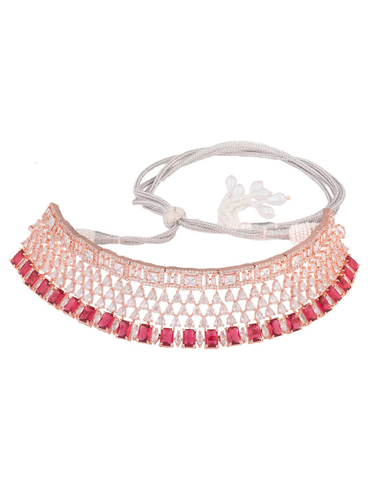 Saraf RS Jewellery Rose Gold-Polished & Red AD & CZ-Studded Contemporary Jewellery Set - Swadesiicart