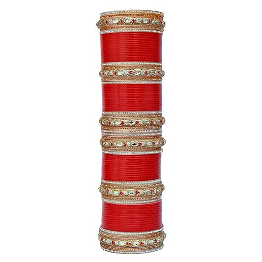Tehzeeb Creations Bridal Bangle Set Red Golden & White Stone Chura Designer Fashion Choora Punjabi Chuda Set - Swadesiicart