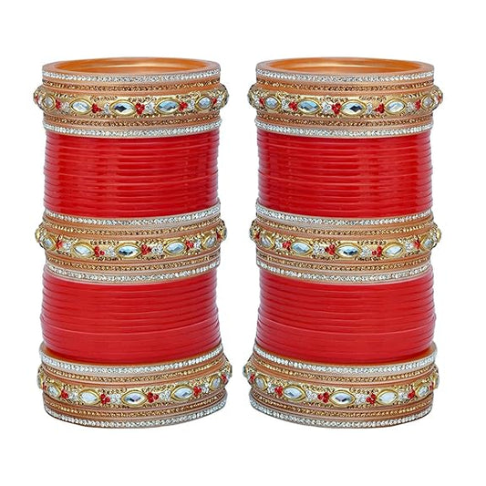 Tehzeeb Creations Bridal Bangle Set Red Golden & White Stone Chura Designer Fashion Choora Punjabi Chuda Set - Swadesiicart