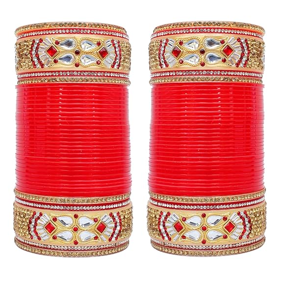 Tehzeeb Creations Bridal Bangle Set Designer Golden White & Red Stone Chuda Dulhan Wedding Choora Fashion Chura For Women - Swadesiicart