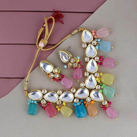 Tehzeeb Creations Meenakari Gold-Polished Multicolor pentagon shape Uncut Kundan Necklace Set - Swadesiicart