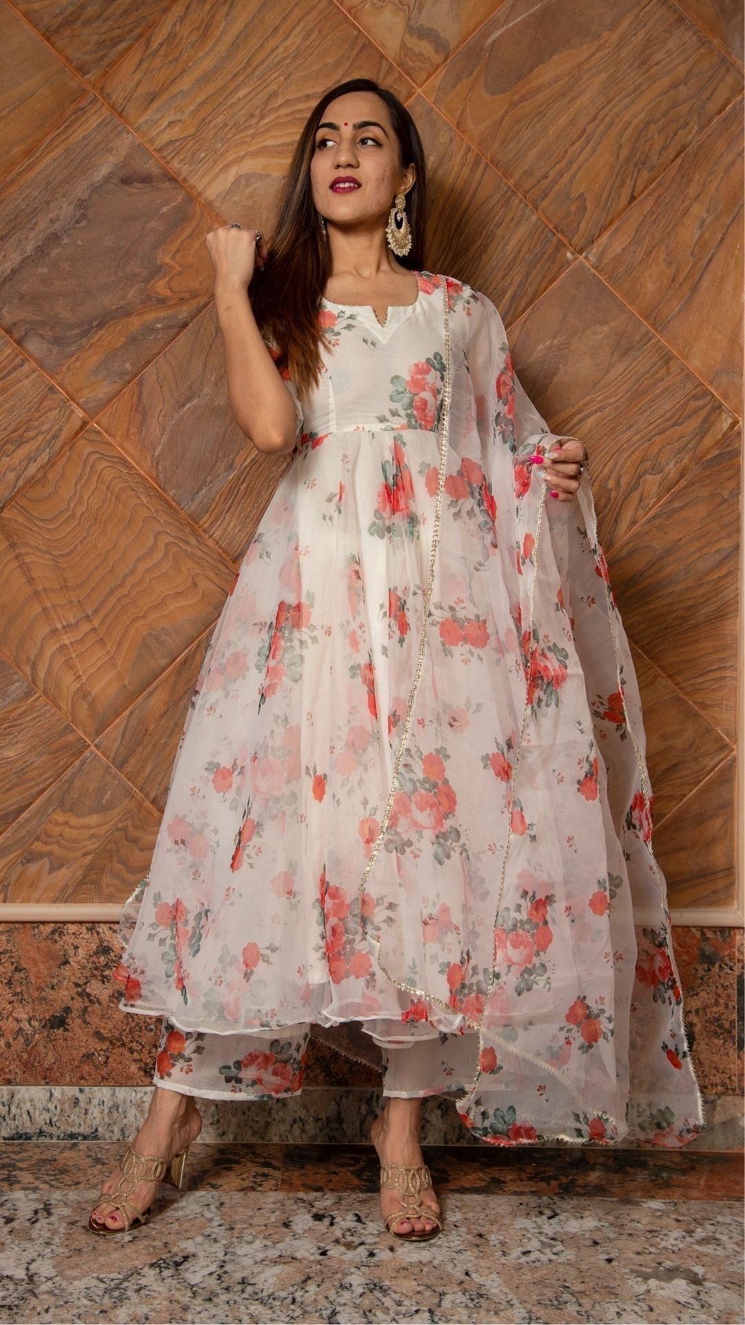 Pomcha Jaipur Red And White Floral Organza Anarkali Set | Swadesiicart