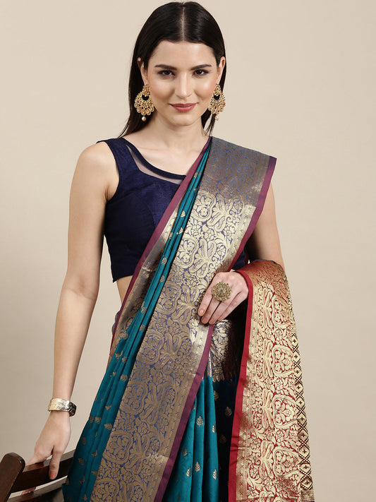 Mitera Teal Blue & Golden Ethnic Motifs Banarasi Saree with Zari Border | Swadesiicart