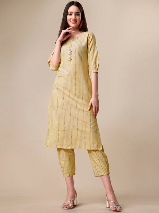 Kalini Women Woven Striped Thread Work Kurta with Trousers - Swadesiicart