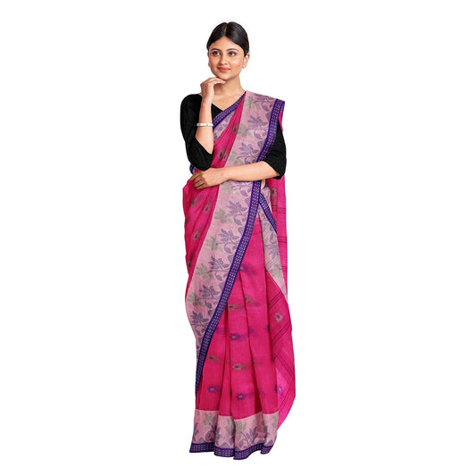 Exclusive Collection 100% Pure Cotton Pink Tant Saree With Hand Weaving Work - Swadesiicart