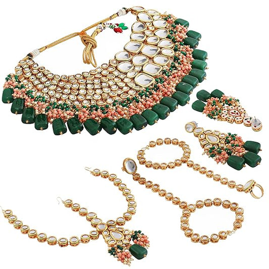 Tehzeeb Creations Gold-Polished Multicolor Kundan Stone/Uncut Kundan/Dibbi Kundan/Meena Kundan/Lucknow Kundan Bridal Set for Girls & Women - Swadesiicart
