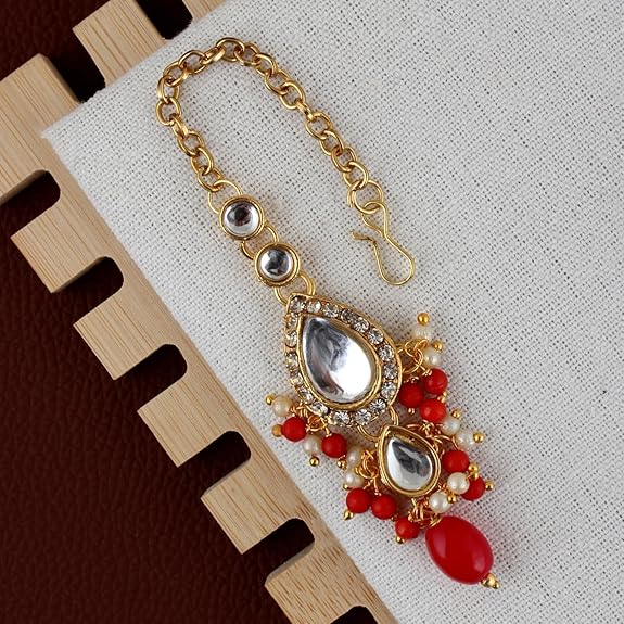 Tehzeeb Creations Gold-Polished White Red Color Tika Earring Necklace Combo Kundan Jewellery Set - Swadesiicart