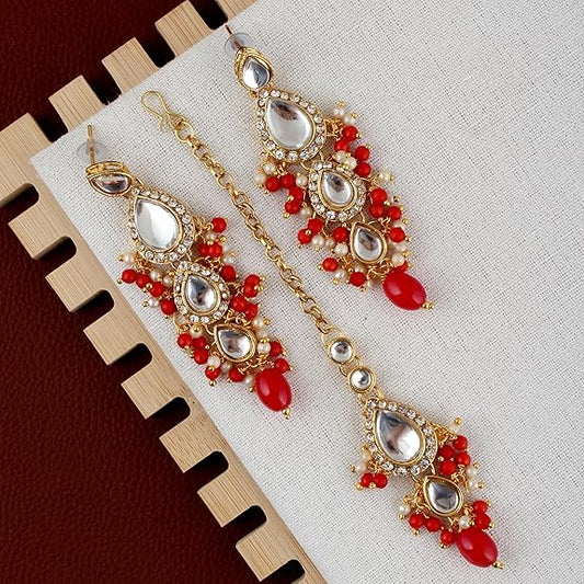 Tehzeeb Creations Gold-Polished White Red Color Tika Earring Necklace Combo Kundan Jewellery Set - Swadesiicart