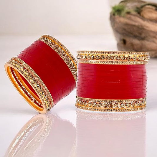 Tehzeeb Creations Bridal Bangle Set Wedding punjabi chuda, Designer chura CZ Stone Maroon Color Choora Set for Women - Swadesiicart