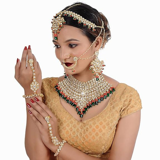 Tehzeeb Creations Traditional Gold-Polished Designer Multi Color Dulhan Choker Kundan Bridal Set