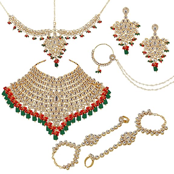 Tehzeeb Creations Traditional Gold-Polished Designer Multi Color Dulhan Choker Kundan Bridal Set | Swadesiicart