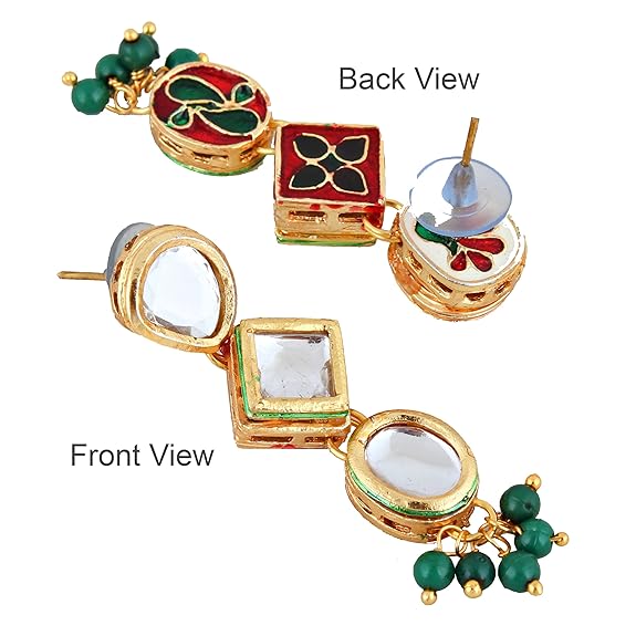 Tehzeeb Creations Back Meenakari Gold-Polished Green Color Earring Jewellery Set Uncut Kundan Big Faux Kundan Dibbi Kundan Choker Necklace Set | Swadesiicart