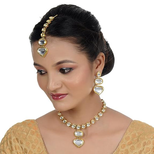 Tehzeeb Creations Back Meenakari Gold-Polished White Color Tika Earring Jewellery Set Uncut Kundan Big Faux Kundan Dibbi Kundan Choker Necklace Set | Swadesiicart