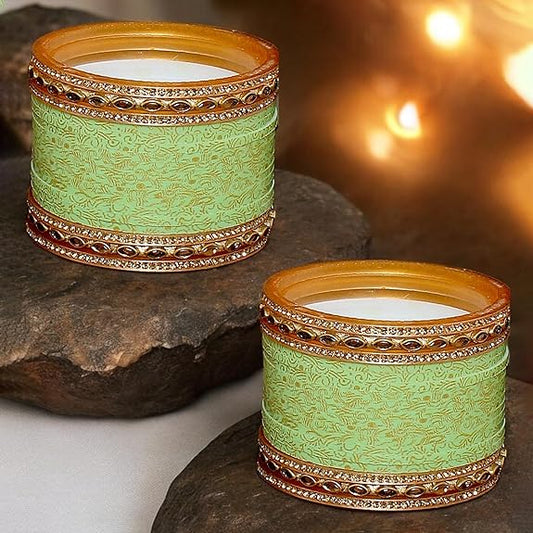 Tehzeeb Creations Bridal Bangle Set Wedding Punjabi Chuda Designer Chura CZ Stone with Kundan Stone Pista Color Small Size Choora for Women - Swadesiicart