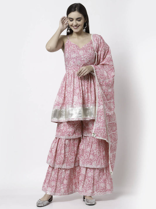 Myshka Women Pink Pure Cotton Printed Sleeveless Round Neck Kurta With Sharara & Dupatta Set | Swadesiicart