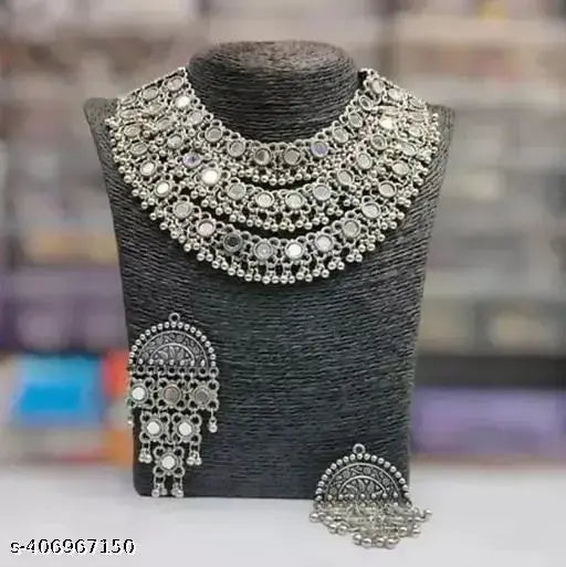 Tehzeeb Creations Women's Silver Colour Oxidised Necklace Set With Mirror Work - Swadesiicart