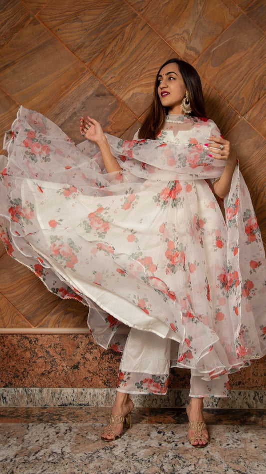 Pomcha Jaipur Red And White Floral Organza Anarkali Set | Swadesiicart