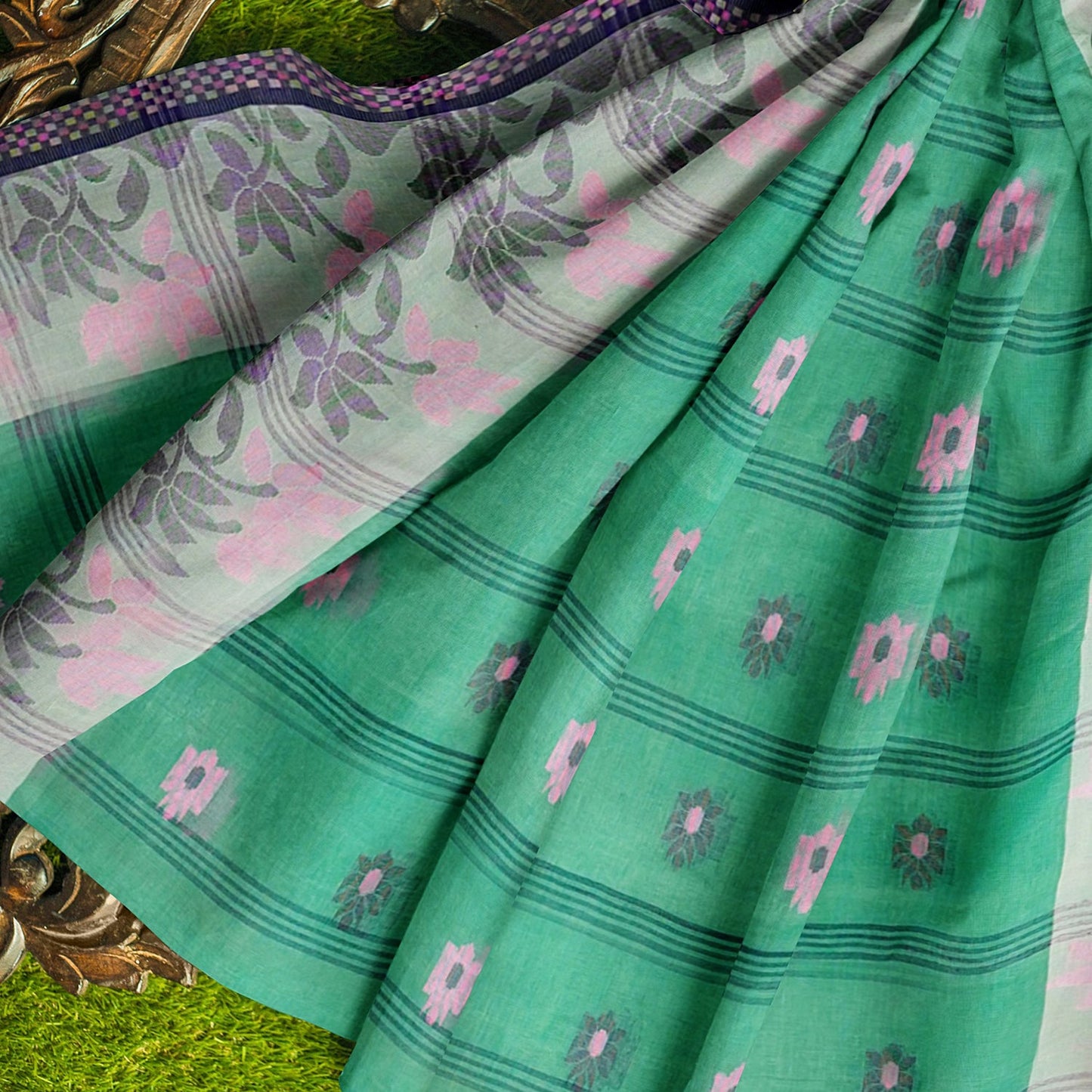 Exclusive Collection 100% Pure Cotton Green Tant Saree With Hand Weaving Work - Swadesiicart