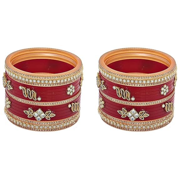 Tehzeeb Creations Bridal Bangle set Wedding punjabi chuda Designer chura Kundan Stone with Pearl Maroon Color choora - Swadesiicart