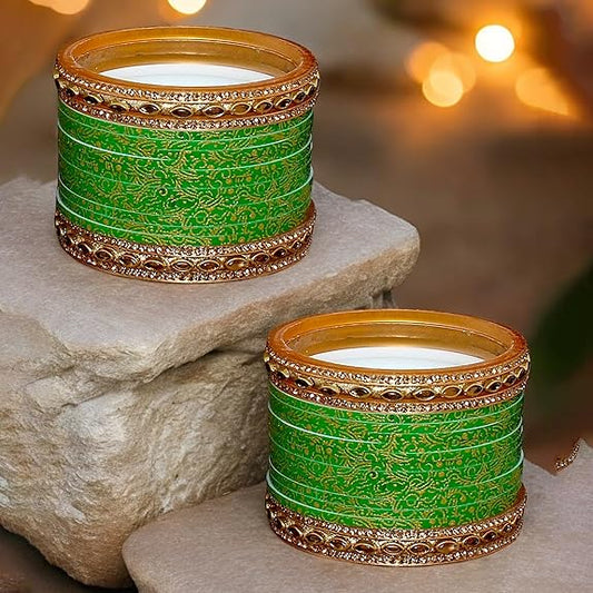 Tehzeeb Creations Bridal Bangle Set Wedding Punjabi Chuda Designer Chura CZ Stone with Kundan Stone Green Color Small Size Choora For Women - Swadesiicart