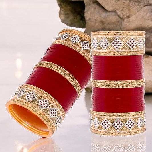 Tehzeeb Creations Bridal Bangle Set Wedding Punjabi Chuda Designer Chura CZ Stone Maroon Color Choora For Women - Swadesiicart