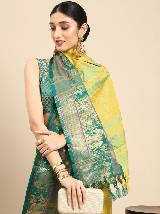 Anouk Yellow Zari Pure Silk Banarasi Saree | Swadesiicart