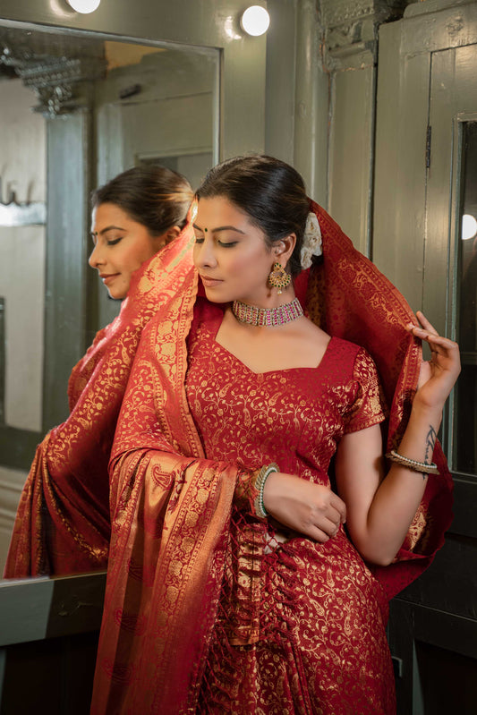 Vardha Maroon Red Golden Zari Banarasi Satin Silk Saree | Swadesiicart