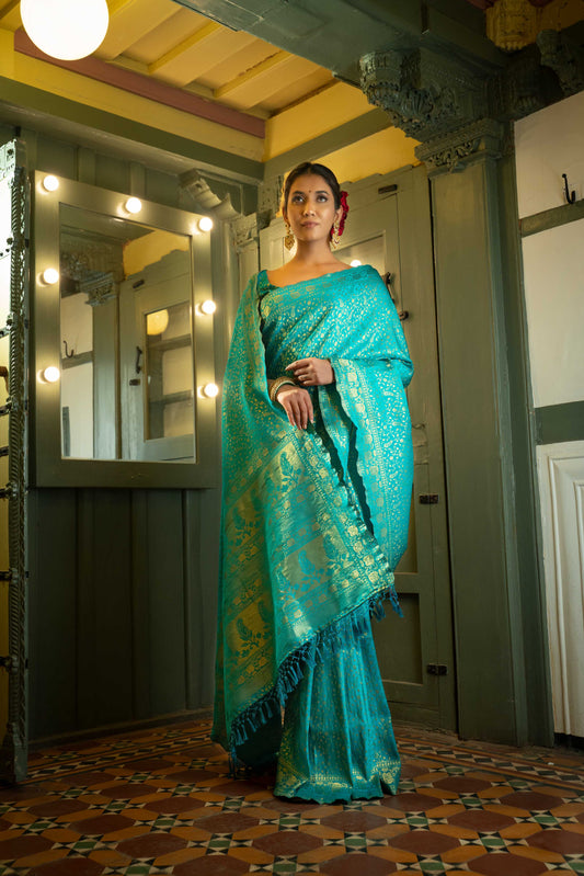 Vardha Beautiful Turquoise Blue Golden Zari Banarasi Satin Silk Saree | Swadesiicart