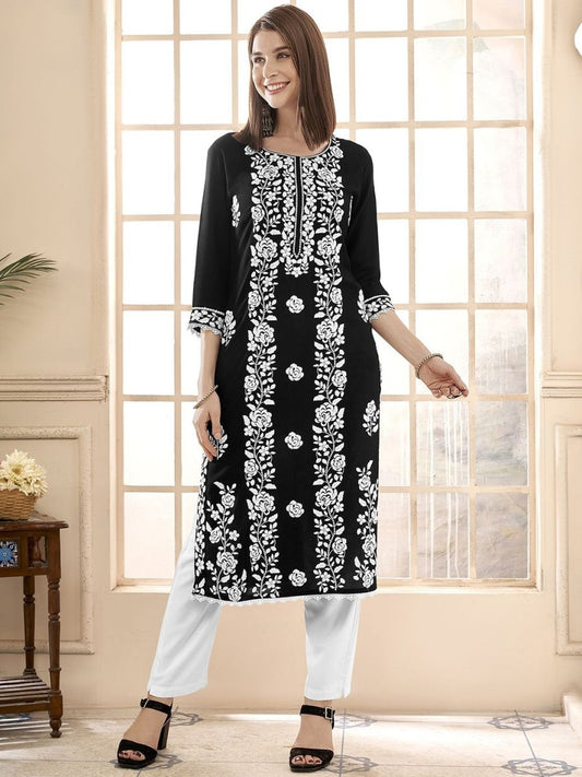 Anouk Floral Embroidered Round Neck Chikankari Straight Kurta | Swadesiicart