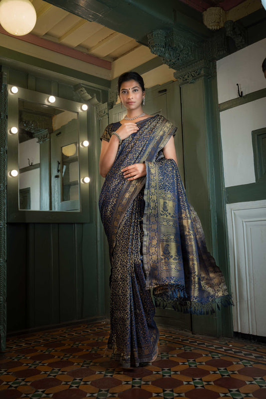 Vardha Midnight Blue Golden Zari Banarasi Satin Silk Saree | Swadesiicart