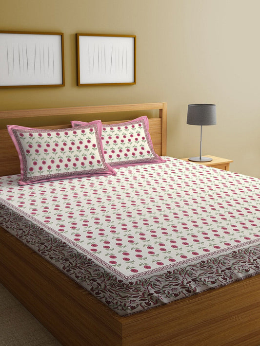 Rajasthan Decor White & Pink Ethnic Motifs 144 TC King Bedsheet with 2 Pillow Covers - Swadesiicart
