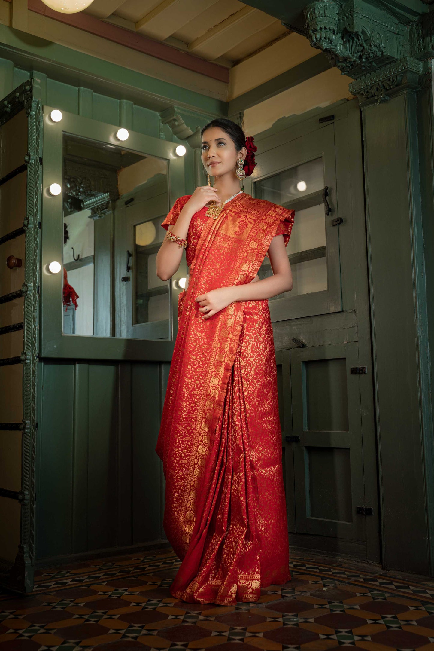 Vardha Light Red Golden Zari Banarasi Satin Silk Saree | Swadesiicart
