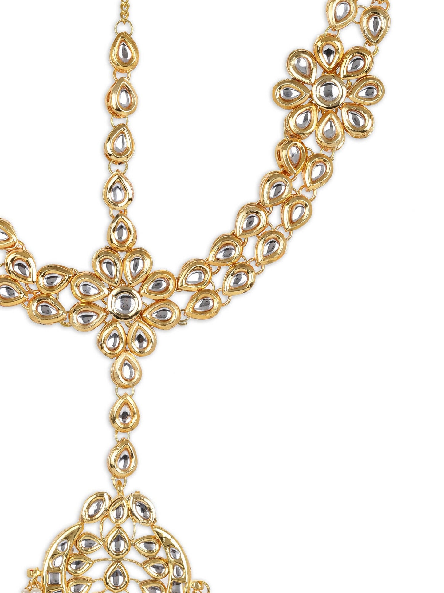 Gold-Polished White Kundan-Studded Pearl Beaded Matha Patti - Ruby Raang | Swadesiicart