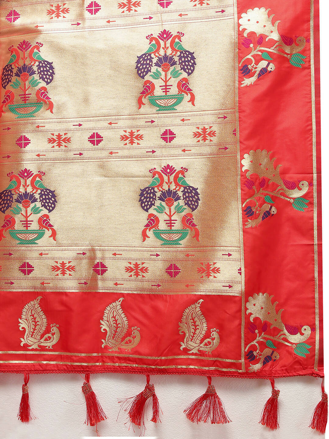 Lorenvalley Fashion Red Soft Paithani Silk Woven Design Copper Zari Meenakari Weaving Saree - Swadesiicart