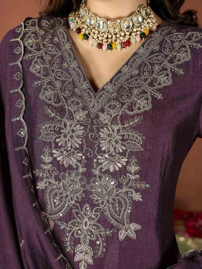 The52 Wine Women's Gorgeous Vichitra Fabric Embroidered Work Straight Kurta Pant and Dupatta Set - Swadesiicart