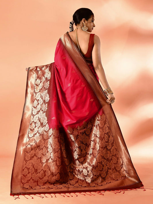Joban Fashion Rani Pink & Bottle Green Plain With Weaving Border Banarasi Silk Sarees | Swadesiicart