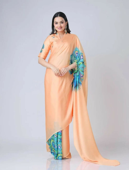 Vastranavya Peach Peacock Print Free Hand Ready to Wear Saree | Swadesiicart
