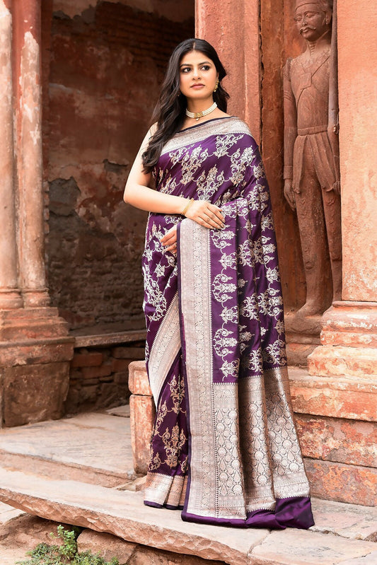 Joban Fashion Purple Pure Katan Pure Handloom Banarasi Silk Saree | Swadesiicart