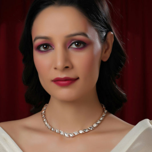 Leaf Shaped Neckpiece in Kundan and American Diamonds (Gold) - Ruby Raang | Swadesiicart