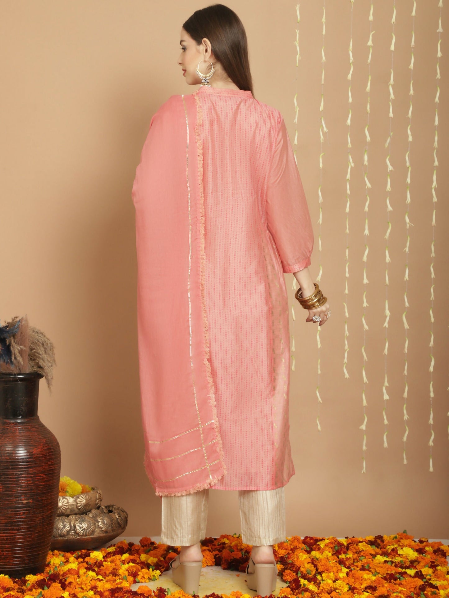 Jyoti Fashion Women's Peach Chanderi Silk Elegant Jardoshi Semi Kurta with Trouser & Dupatta | Swadesiicart